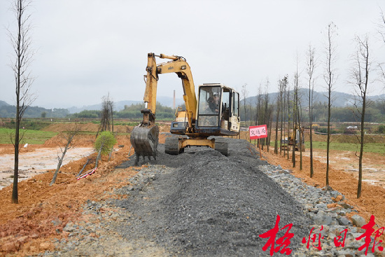 月12日，在萬秀區夏郢鎮，施工機械正鋪設道路沙石。     夏郢鎮依托思良江兩岸山水自然風光，開發休閑農業觀光項目。萬秀區政府與市直有關部門共同在該項目的油菜花基地修建一條沙石道路，既方便游客，又為村民生產勞動提供便利。      孟亞西  攝   
