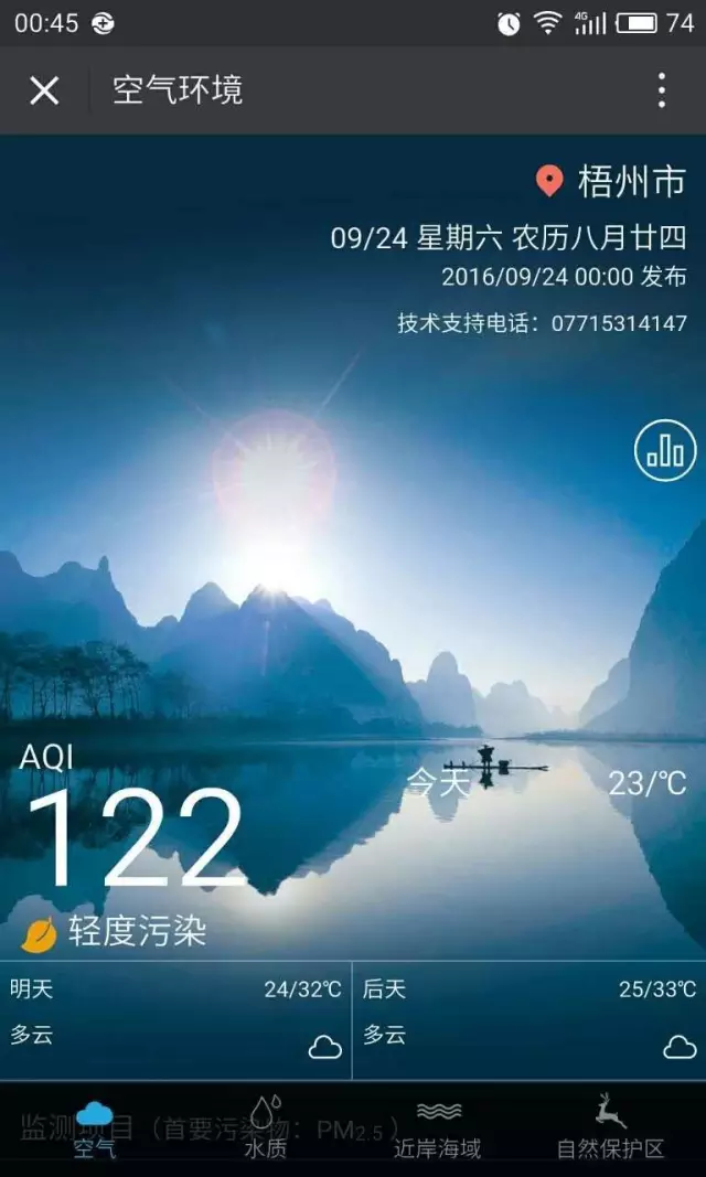手機軟件顯示，凌晨12點，所在地區空氣質量為輕度污染。（鐘小姐截圖） 